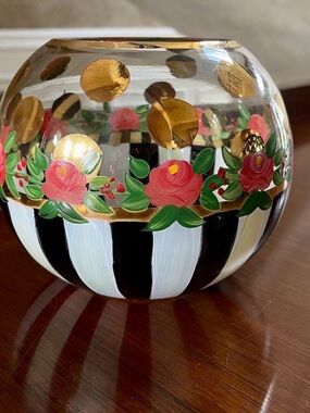 Mackenzie Childs Heirloom Rose Bowl Vase Votive Holder Hand Painted-Retired Rare